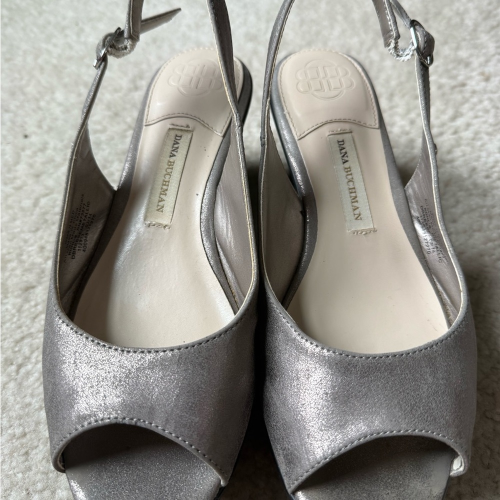 Dana Buckman Silver Women's Slingback Heels with cute cut out